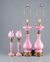 PINK LUSTRE GLASS LAMPSTwo pair of early