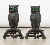 PAIR OF CAST IRON OWL ANDIRONS WITH