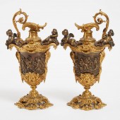 Pair of Patinated and Gilt Bronze Ewers,