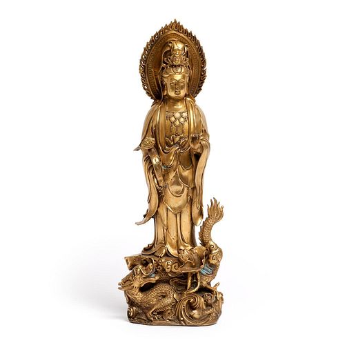 GILT BRONZE STANDING GUANYIN WITH 3a9991