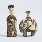 Two Chinese Polychrome Ivory Snuff Bottles,