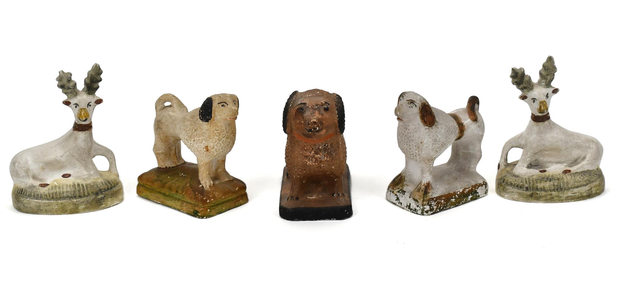 EARLY CHALK WARE DEER AND POODLES.