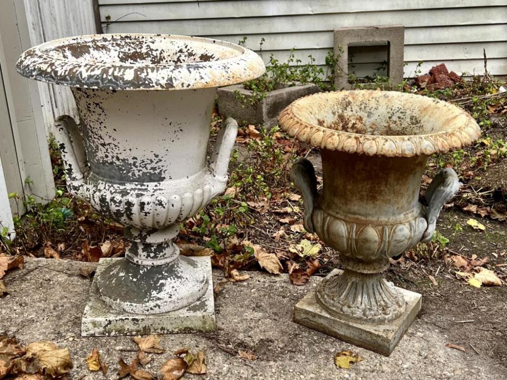 TWO PAINTED CAST IRON GARDEN URNS 3af60c