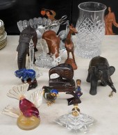 GROUP OF GLASS AND CARVED WOOD FIGURINES