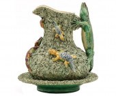 Palissy ware pitcher and bowl marked