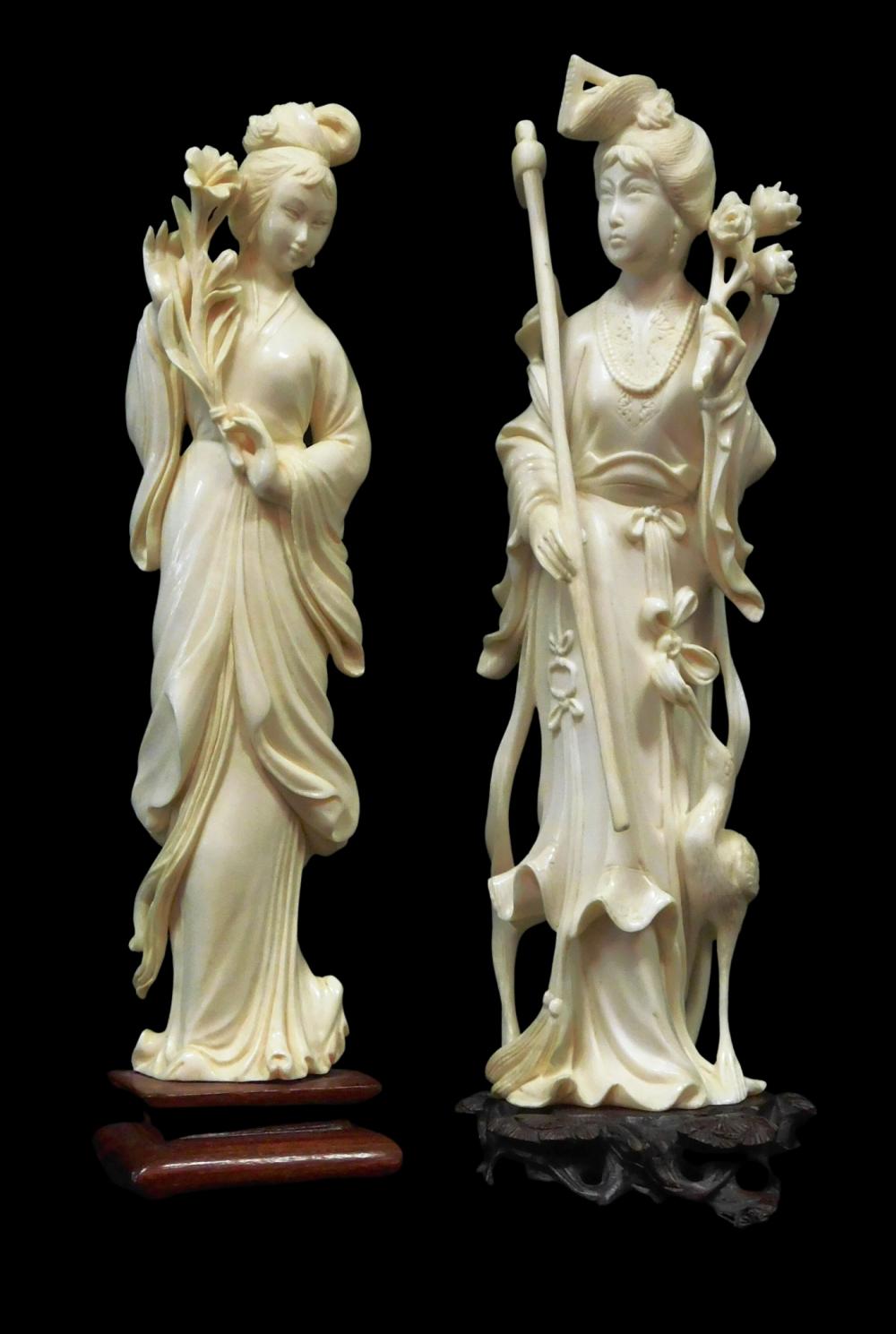 ASIAN TWO CARVED IVORY MAIDENS  3b13df