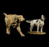 (2) Painted metal dog figures, c/o bronze