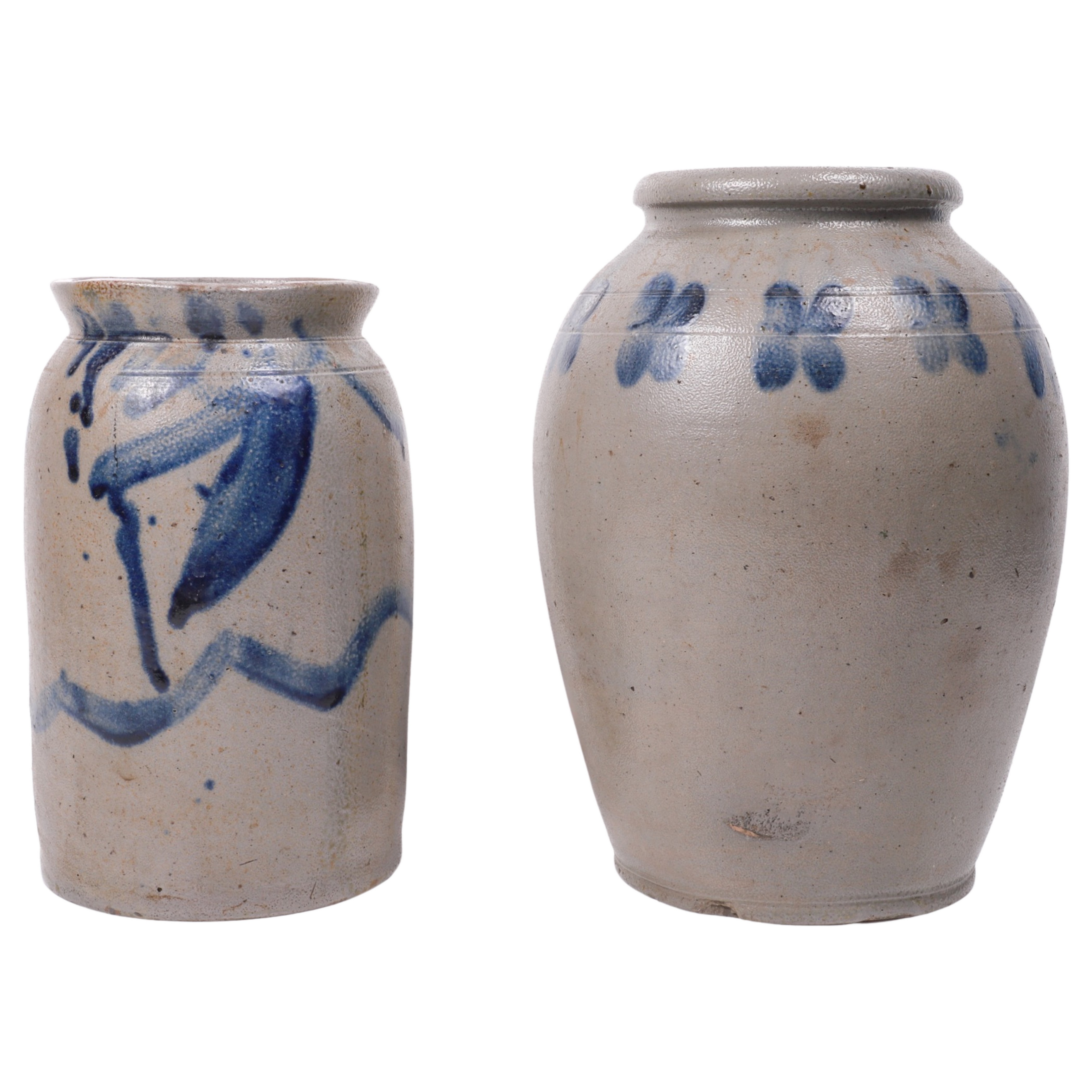 (2) Blue decorated stoneware jars,
