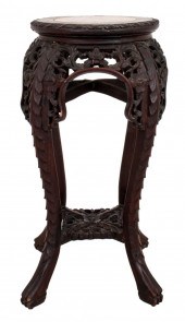 CHINESE CARVED AND MARBLE INSET STOOL