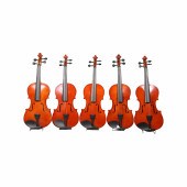 (5) Modern production 4/4 violins, unbranded,