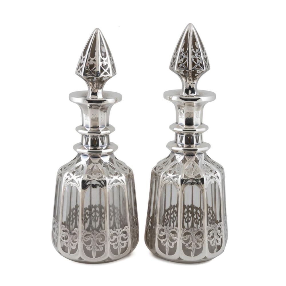 PAIR SILVER OVERLAY GLASS DECANTERS  3b3e1b