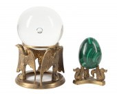 MALACHITE EGG AND GLASS SPHERE ON BRASS