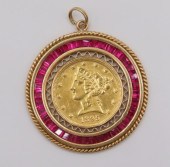 JEWELRY. $5 GOLD COIN AND GEM PENDANT.