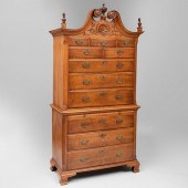 CHIPPENDALE TIGER MAPLE CHEST ON CHEST,