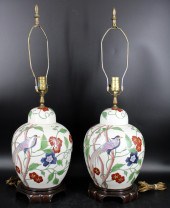 A PAIR OF PORCELAIN LAMPS WITH FLORAL
