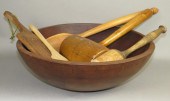 TURNED WOOD KITCHEN BOWL WITH FIVE VARIOUS