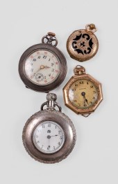 (4) Ladies pocket watches, (1) coin