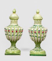 Italian pottery covered urn pair, gadrooned