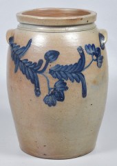3 Gallon blue decorated stoneware crock,
