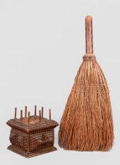 Tramp art spool box and broom to include