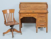 Oak roll top desk w/ oak desk chair,