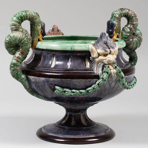 CONTINENTAL MAJOLICA URN WITH GOOSE 3b9fb8