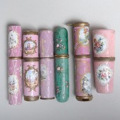 GROUP OF PINK GROUND STAFFORDSHIRE ENAMEL
