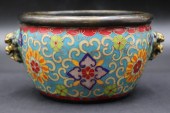 SIGNED CHINESE BRONZE CLOISONNE JARDINIERE.