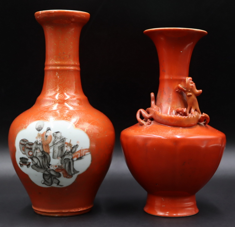 (2) CHINESE CORAL RED ENAMEL DECORATED