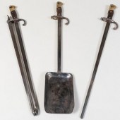SET OF BRASS AND STEEL FIREPLACE TOOLS