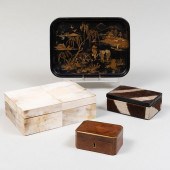 GROUP OF TABLE BOXES AND A CHINESE LACQUER