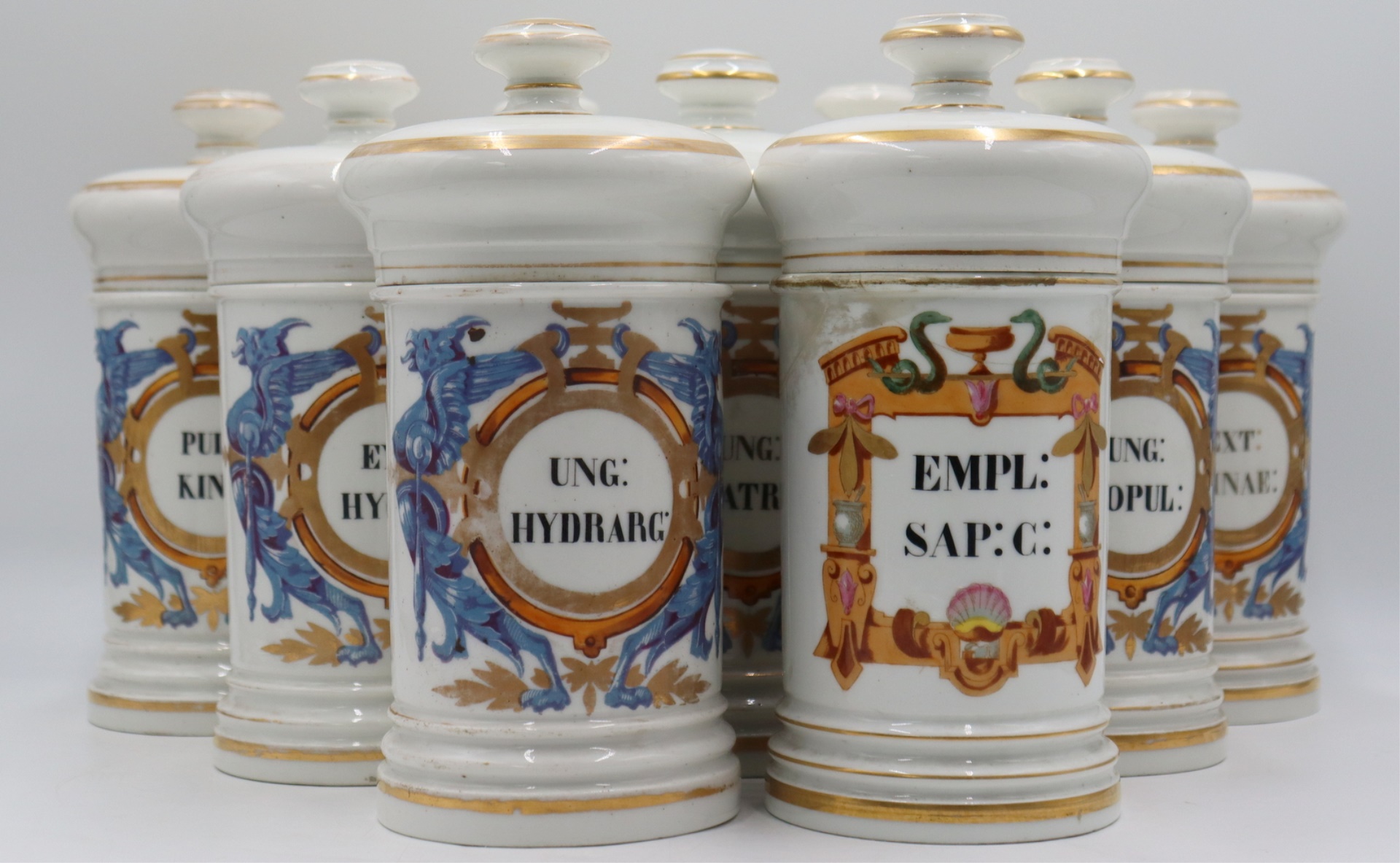 9 PC FRENCH PORCELAIN LIDDED APOTHECARY 3bbdd2