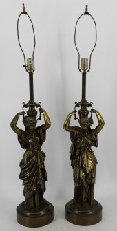 AN ANTIQUE PAIR OF BRONZE FIGURAL LAMPS.