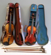 GROUP OF 2 VIOLINS AND 6 BOWS 1) Cased