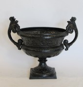 ANTIQUE CAST IRON URN ON STAND. Good