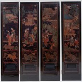 FOUR LARGE CHINESE PAINTED AND LACQUERED