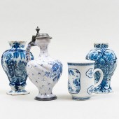 TWO BLUE AND WHITE DELFT VASES, A PEWTER-MOUNTED