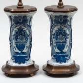 PAIR OF BLUE AND WHITE DELFT VASES MOUNTED