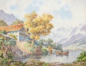MANZ WATERCOLOR PAINTING, SWISS LANDSCAPEFramed