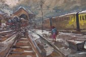 MODERN OIL PAINTING TRAIN STATION, SIGNED
