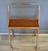 MIDCENTURY SERVING CART WITH BRASS TRIM.