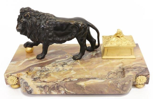 FRENCH BRONZE LION MARBLE ENCRIER 3bef12