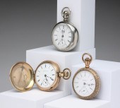 THREE PRIVATE LABEL POCKET WATCHES.