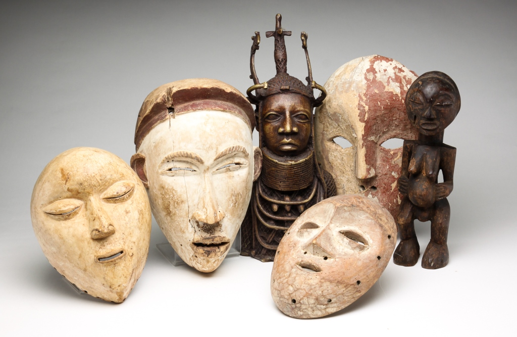 SIX AFRICAN MASKS AND STATUES  3bf328