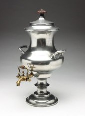 PEWTER HOT WATER URN BY ROSWELL GLEASON.