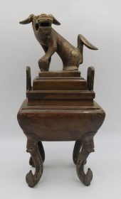 SIGNED CHINESE BRONZE CENSER WITH FOO