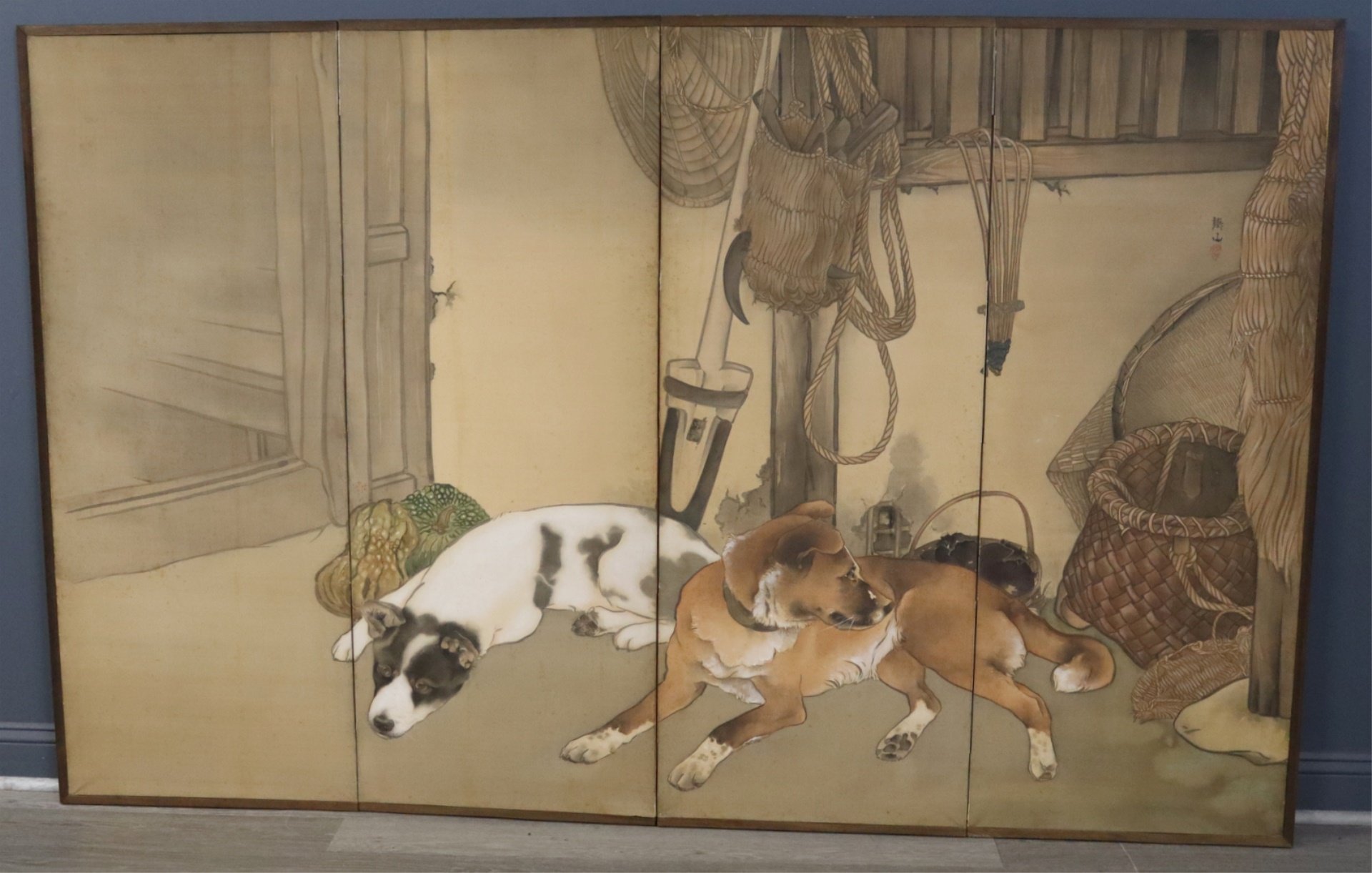 JAPANESE 4 PANEL SCREEN WITH HUNTING 3bdc88