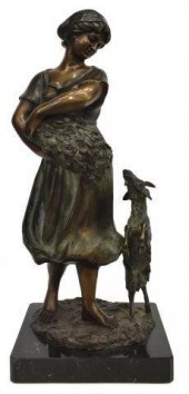 BRONZE SCULPTURE WOMAN WITH GOAT AFTER