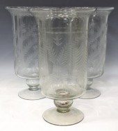 (3) LARGE ETCHED COLORLESS GLASS HURRICANE