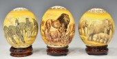 (3) LARGE OSTRICH EGGS PAINTED W/ AFRICAN
